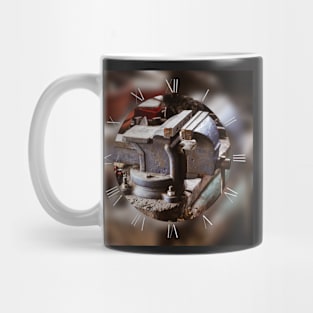 Vintage vise on the wooden table Mug